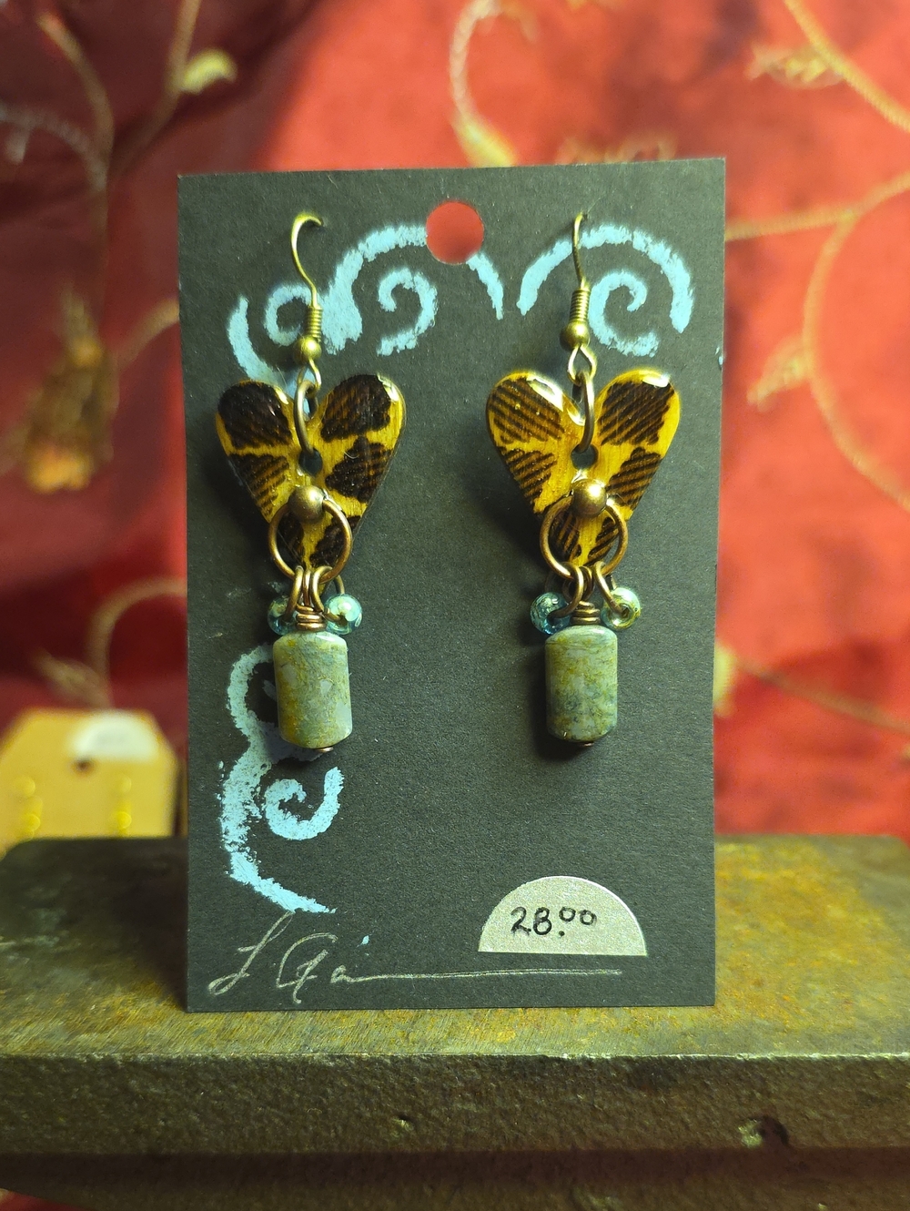 Handcrafted Oak Stained/ Brown Heart Dangle Earrings with Turquoise Color Beads